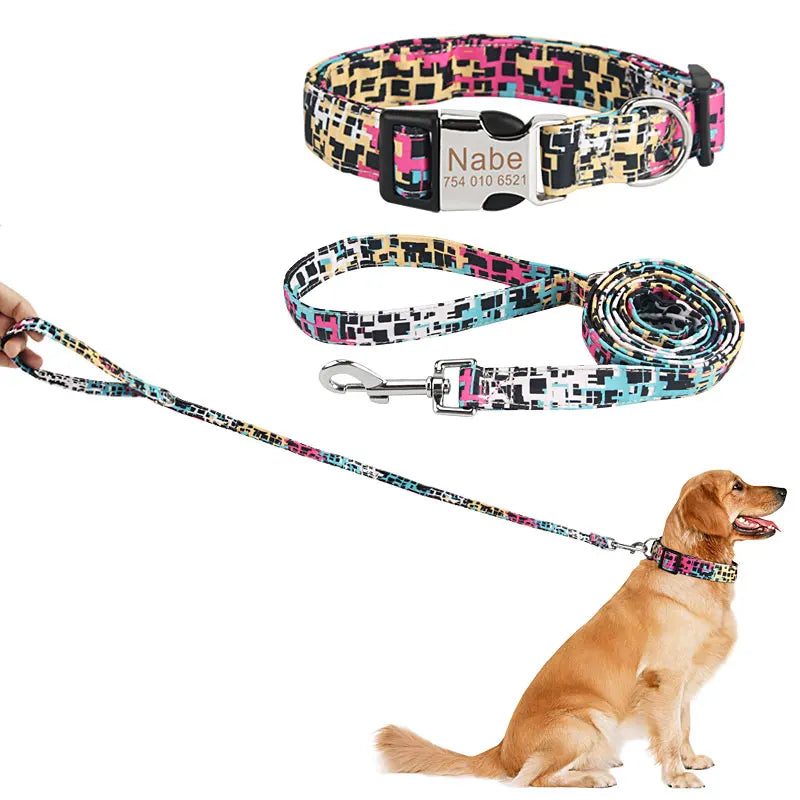 Bohemia Engraved Dog Collar Custom Puppy Cat Leashes Personalized Nameplate ID Pet Collar Leash Set