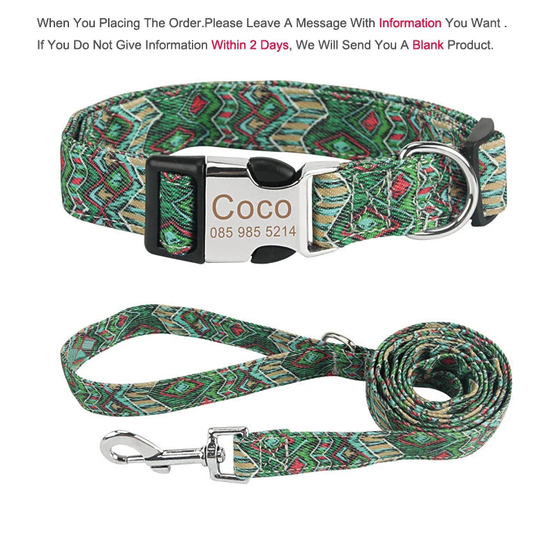 Bohemia Engraved Dog Collar Custom Puppy Cat Leashes Personalized Nameplate ID Pet Collar Leash Set