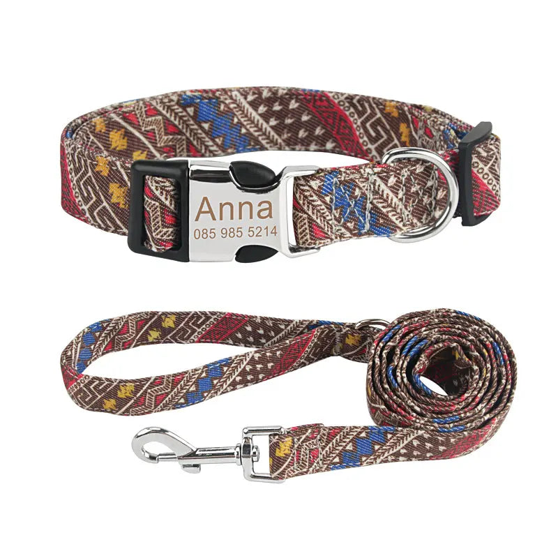 Bohemia Engraved Dog Collar Custom Puppy Cat Leashes Personalized Nameplate ID Pet Collar Leash Set