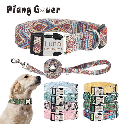 Bohemia Engraved Dog Collar Custom Puppy Cat Leashes Personalized Nameplate ID Pet Collar Leash Set