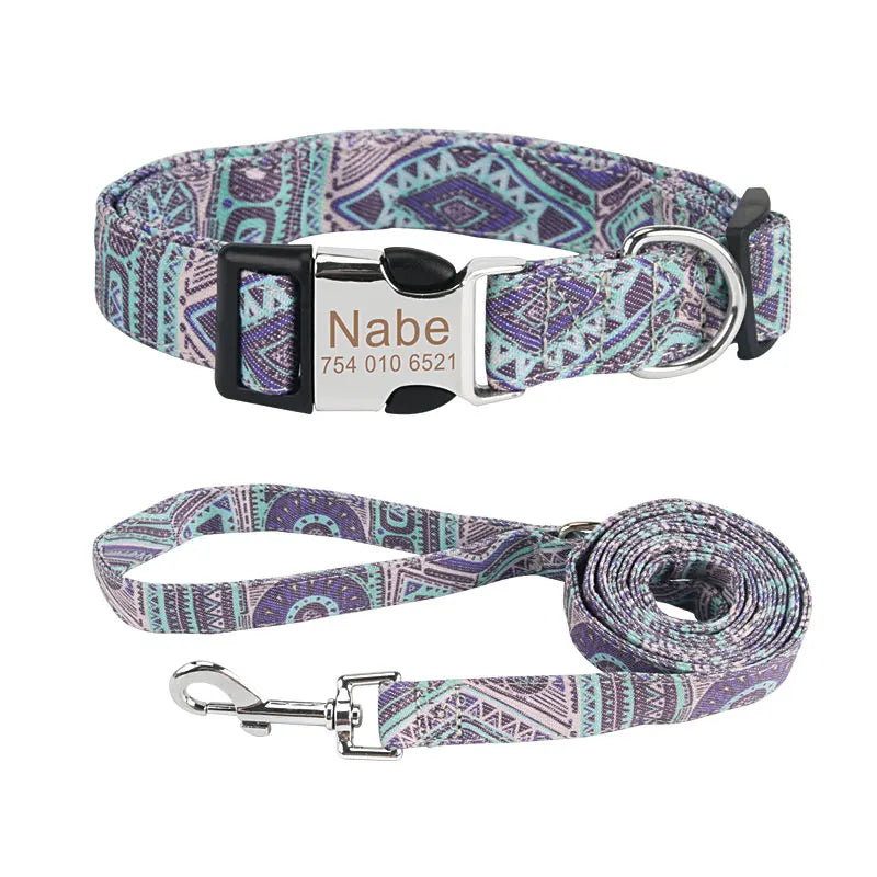 Bohemia Engraved Dog Collar Custom Puppy Cat Leashes Personalized Nameplate ID Pet Collar Leash Set