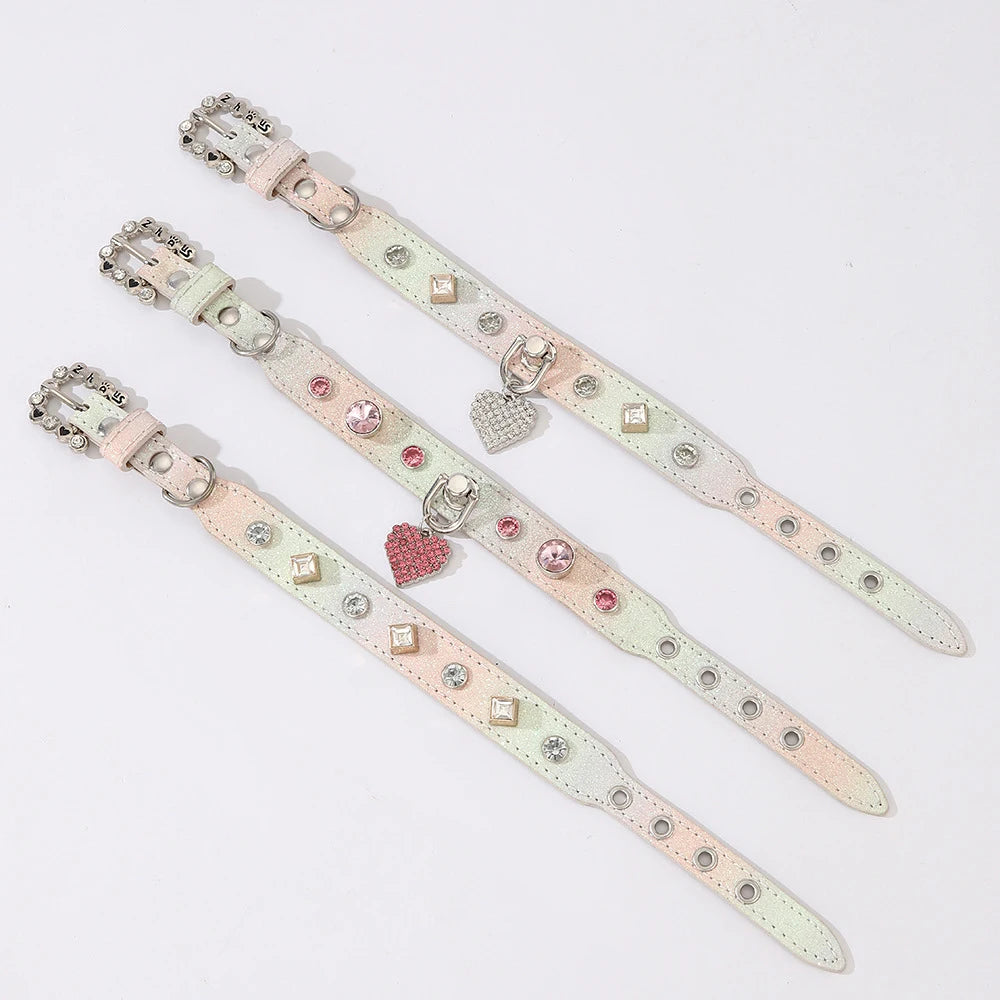 PU Dog Collar Artificial Leather Rhinestone Puppy Necklace Pendant Pet Cat Collar