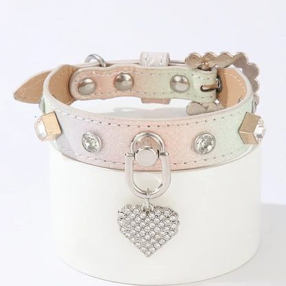 PU Dog Collar Artificial Leather Rhinestone Puppy Necklace Pendant Pet Cat Collar
