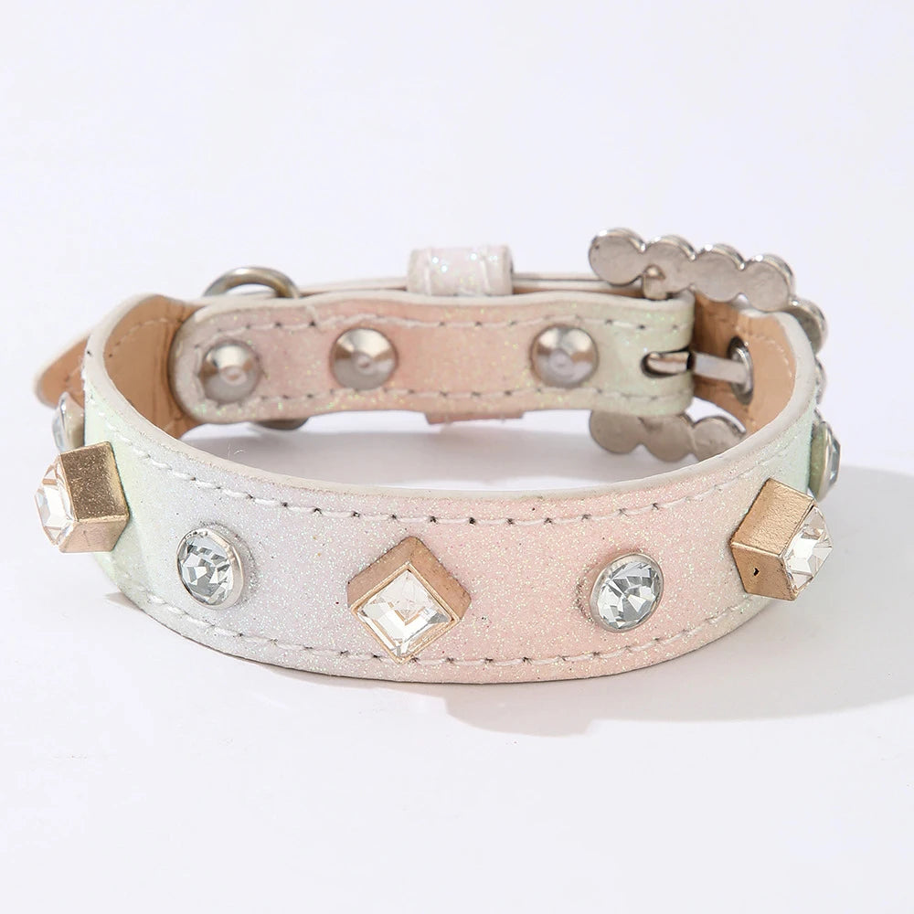 PU Dog Collar Artificial Leather Rhinestone Puppy Necklace Pendant Pet Cat Collar