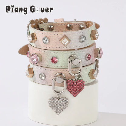 PU Dog Collar Artificial Leather Rhinestone Puppy Necklace Pendant Pet Cat Collar