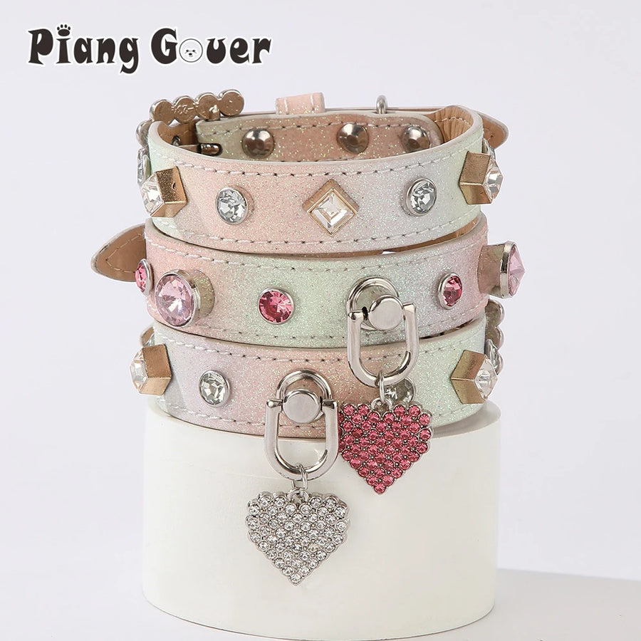 PU Dog Collar Artificial Leather Rhinestone Puppy Necklace Pendant Pet Cat Collar