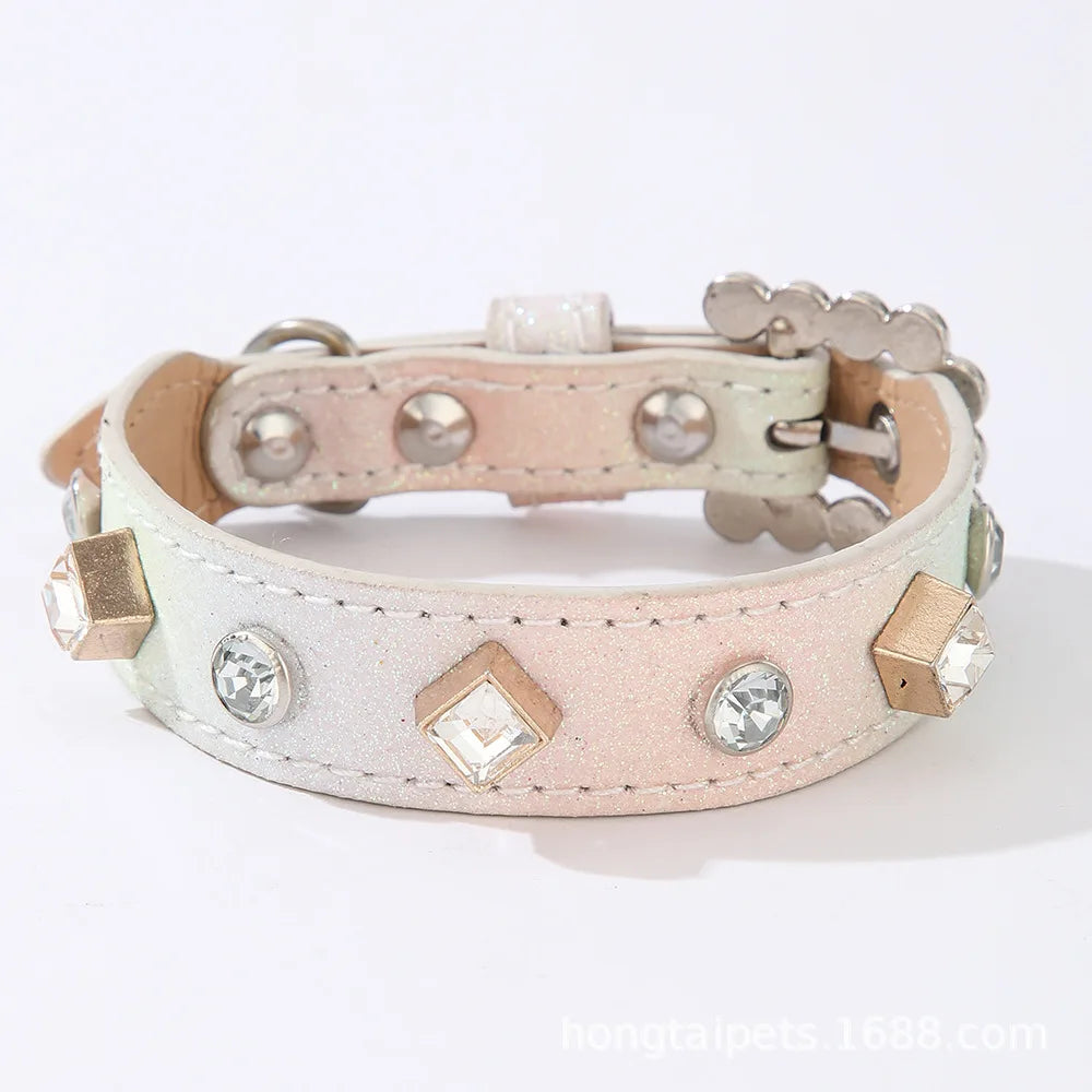PU Dog Collar Artificial Leather Rhinestone Puppy Necklace Pendant Pet Cat Collar