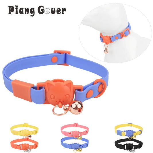 PVC Cute Cat Collar With Small Bell Waterproof Adjustable Catroon Kitten Neacklace Pet Collars