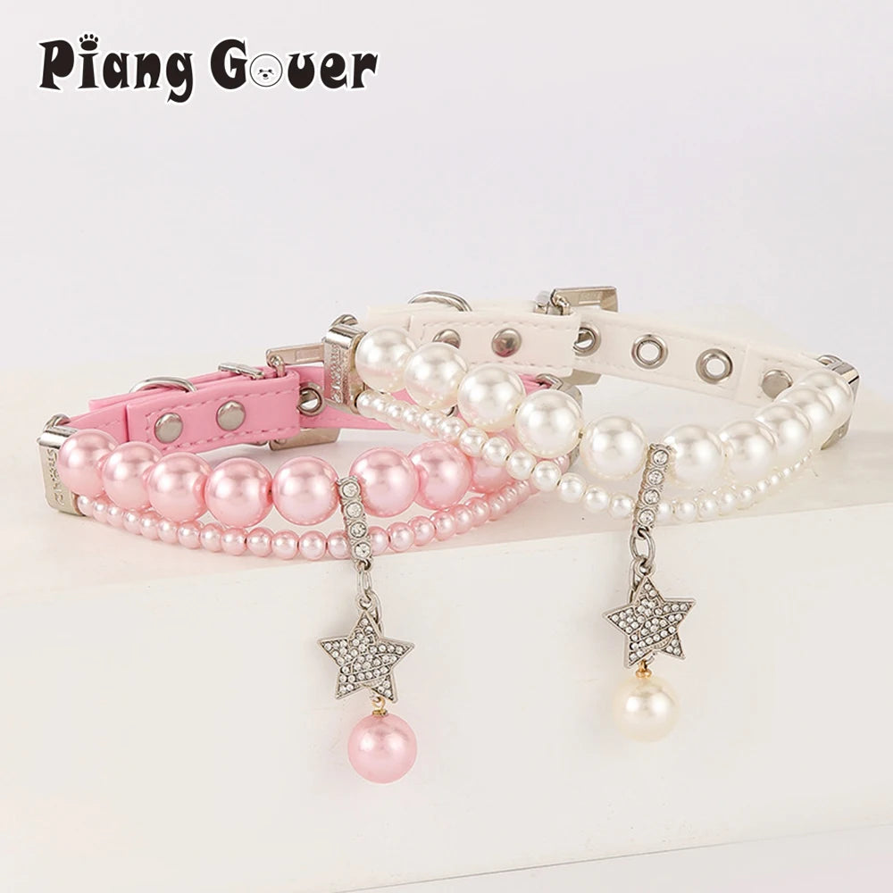 Star Pendant Pearl Collar PU Leather Necklace Artificial Pearls Rhinestone Pet Collars For Small Dog Collar