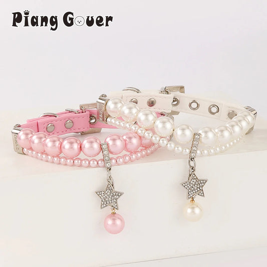 Star Pendant Pearl Collar PU Leather Necklace Artificial Pearls Rhinestone Pet Collars For Small Dog Collar