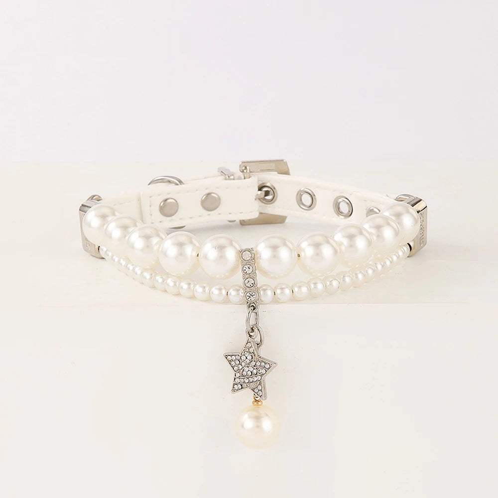 Star Pendant Pearl Collar PU Leather Necklace Artificial Pearls Rhinestone Pet Collars For Small Dog Collar