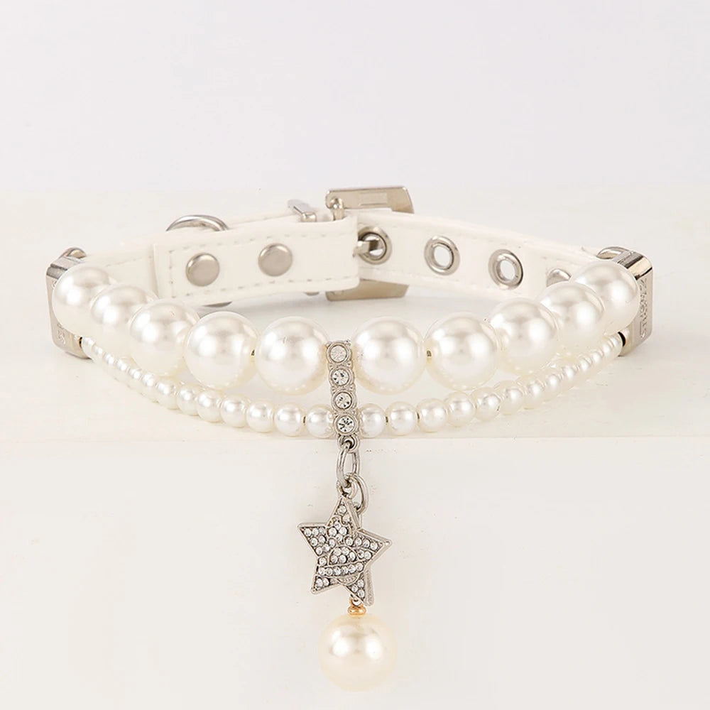 Star Pendant Pearl Collar PU Leather Necklace Artificial Pearls Rhinestone Pet Collars For Small Dog Collar