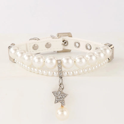 Star Pendant Pearl Collar PU Leather Necklace Artificial Pearls Rhinestone Pet Collars For Small Dog Collar