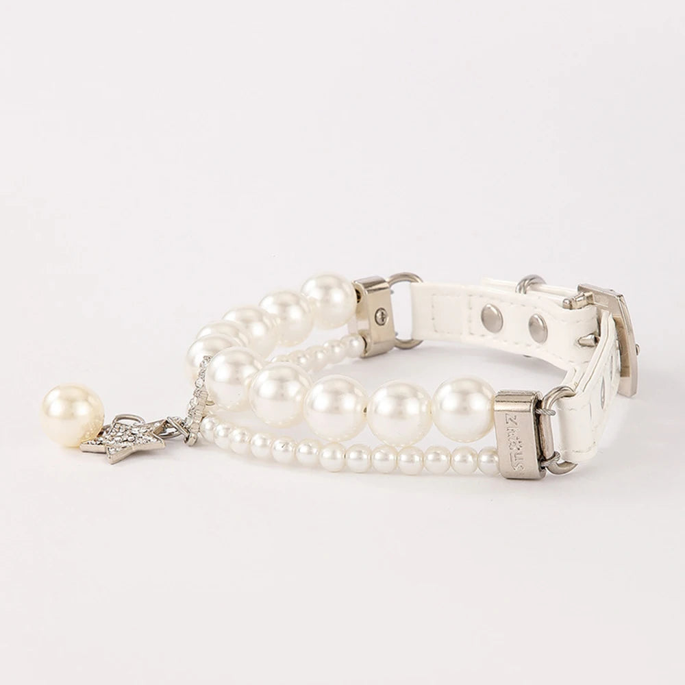 Star Pendant Pearl Collar PU Leather Necklace Artificial Pearls Rhinestone Pet Collars For Small Dog Collar