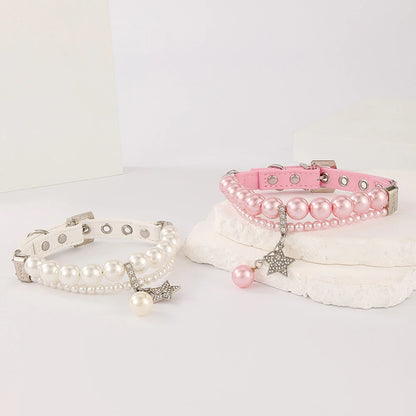 Star Pendant Pearl Collar PU Leather Necklace Artificial Pearls Rhinestone Pet Collars For Small Dog Collar