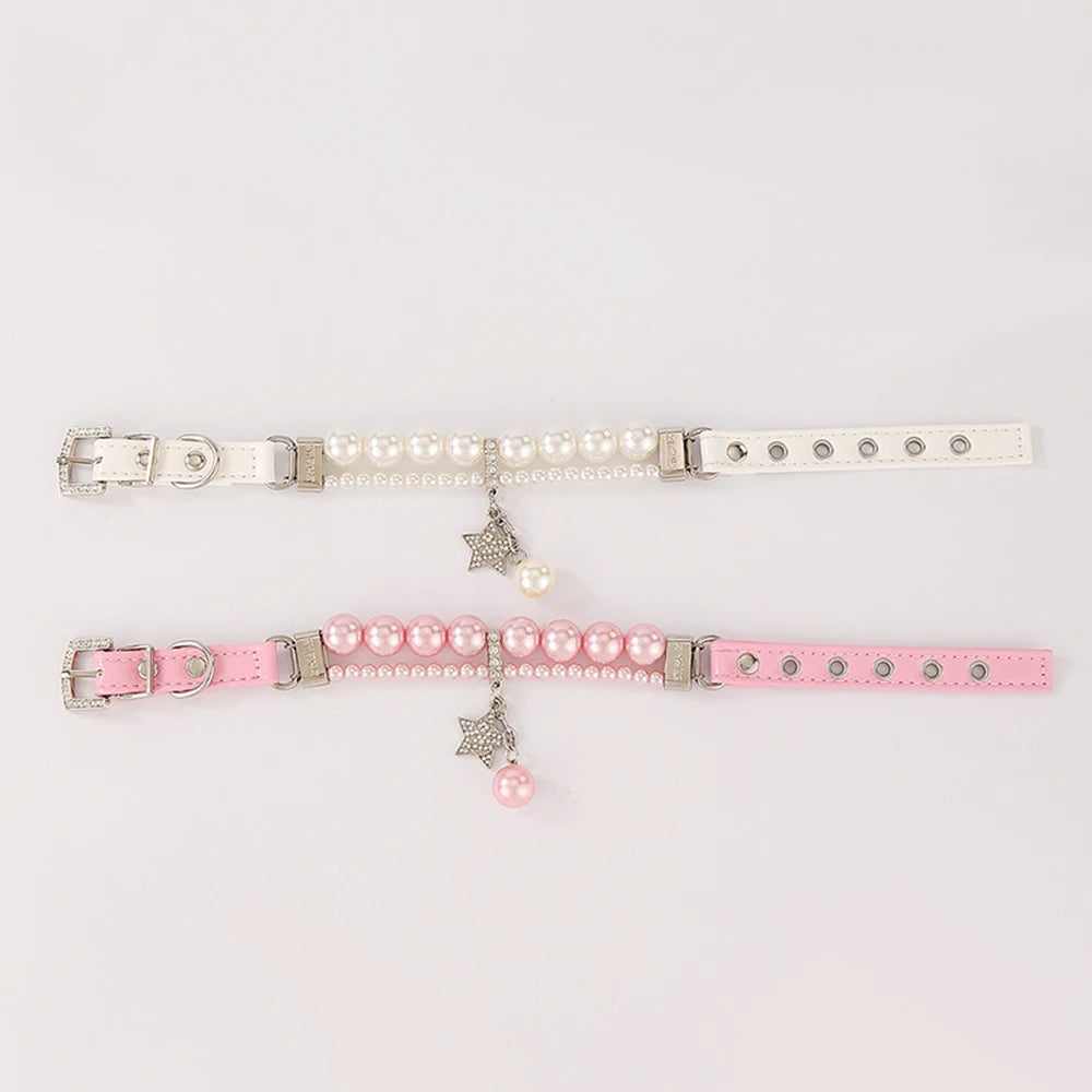 Star Pendant Pearl Collar PU Leather Necklace Artificial Pearls Rhinestone Pet Collars For Small Dog Collar