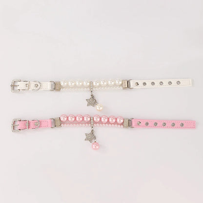 Star Pendant Pearl Collar PU Leather Necklace Artificial Pearls Rhinestone Pet Collars For Small Dog Collar