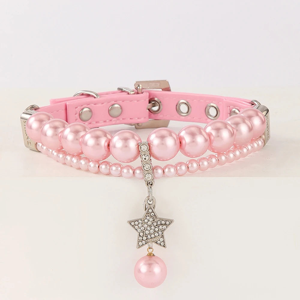 Star Pendant Pearl Collar PU Leather Necklace Artificial Pearls Rhinestone Pet Collars For Small Dog Collar