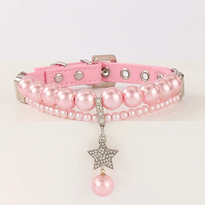 Star Pendant Pearl Collar PU Leather Necklace Artificial Pearls Rhinestone Pet Collars For Small Dog Collar
