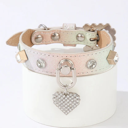 PU Dog Collar Artificial Leather Rhinestone Puppy Necklace Pendant Pet Cat Collar