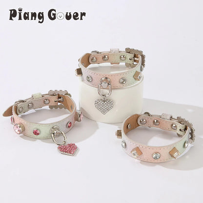 PU Dog Collar Artificial Leather Rhinestone Puppy Necklace Pendant Pet Cat Collar