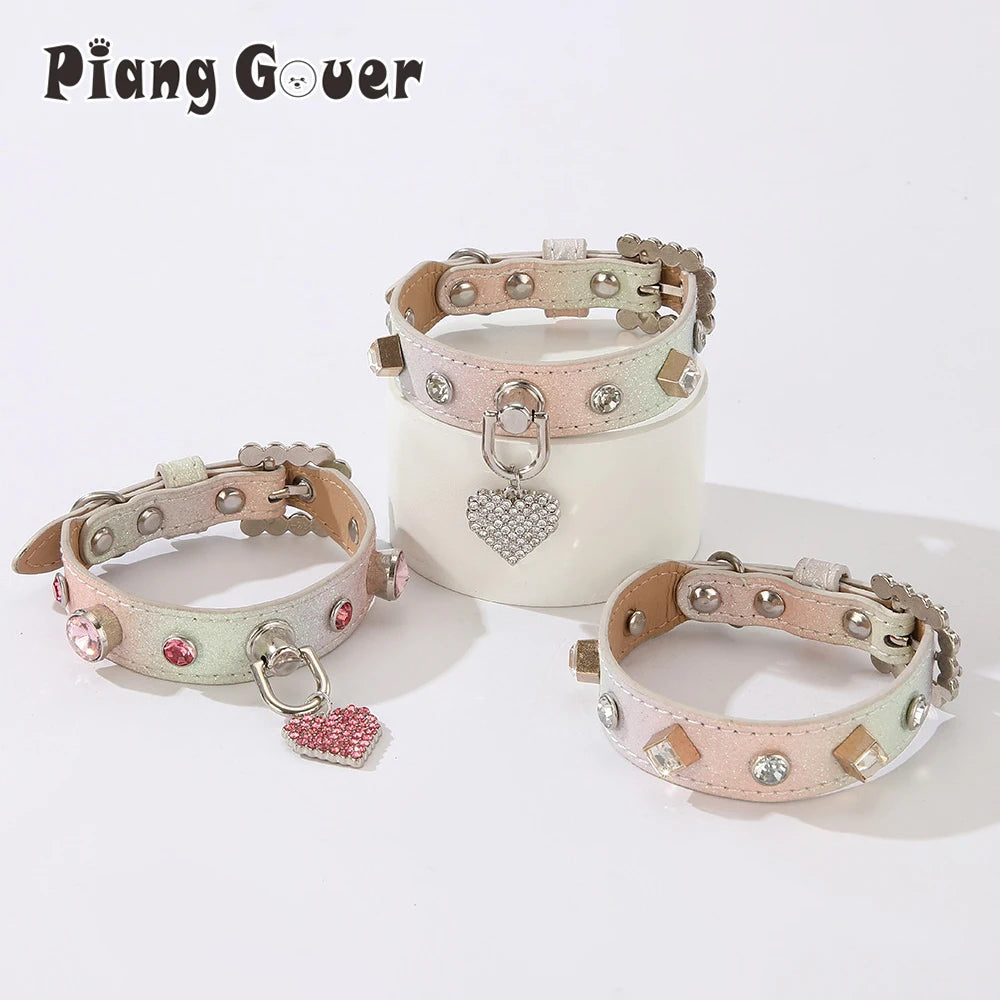 PU Dog Collar Artificial Leather Rhinestone Puppy Necklace Pendant Pet Cat Collar