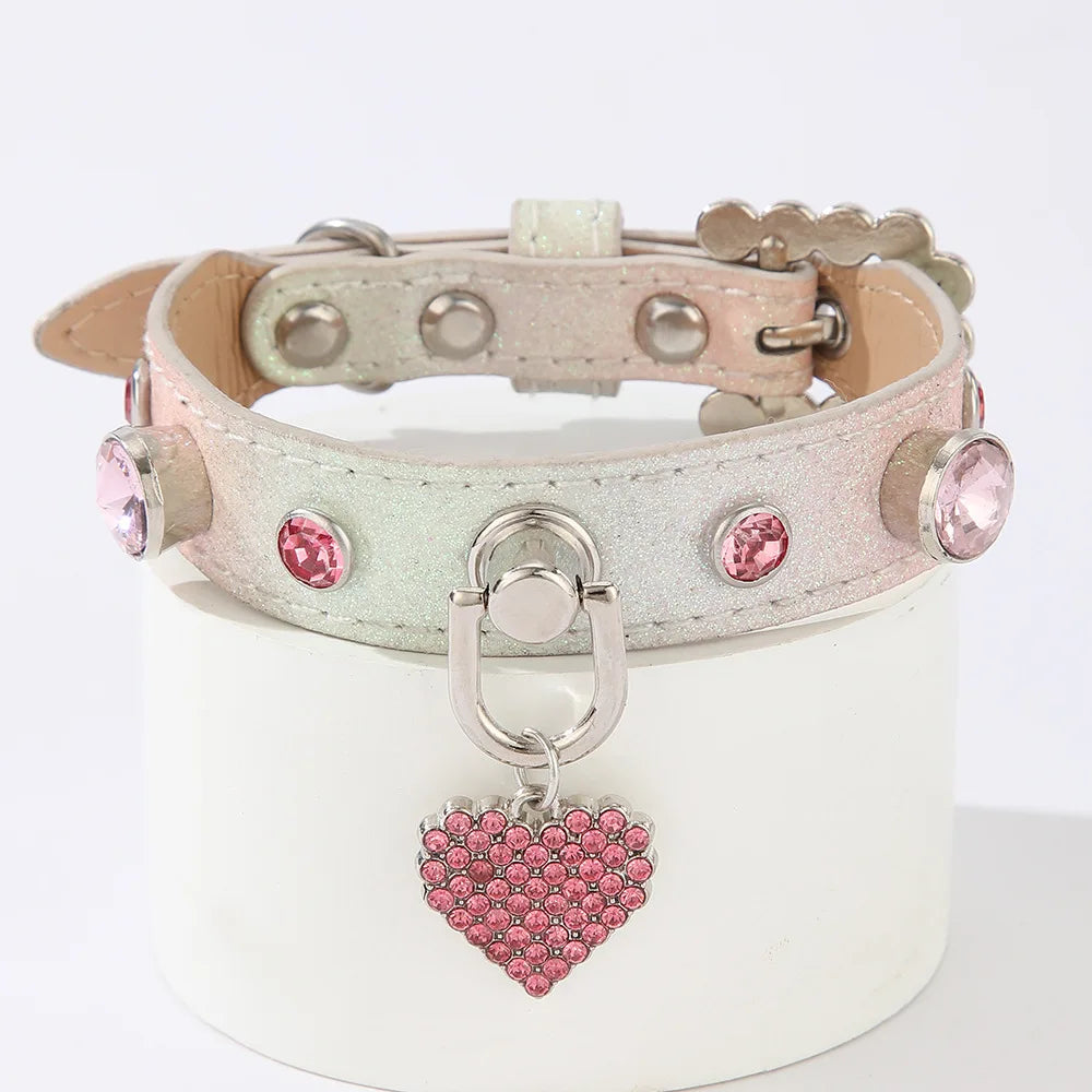 PU Dog Collar Artificial Leather Rhinestone Puppy Necklace Pendant Pet Cat Collar