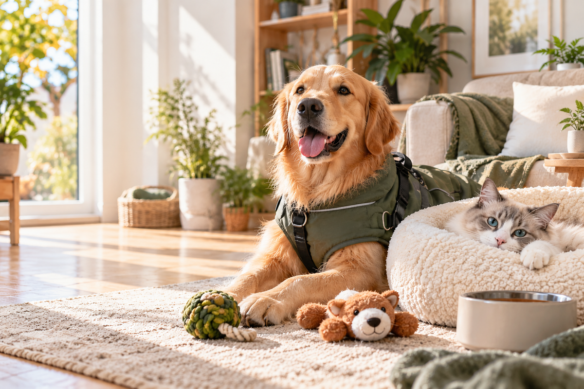 Happy dog and cat enjoying everyday pet essentials