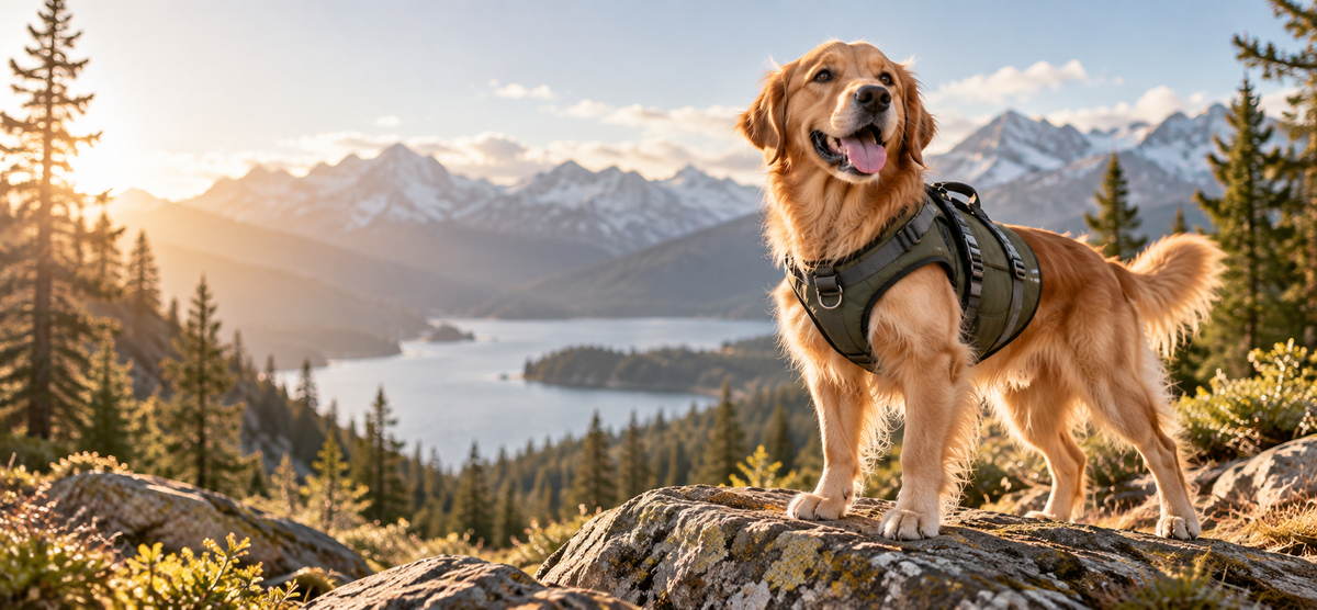 Dog wearing outdoor walking gear on an adventure